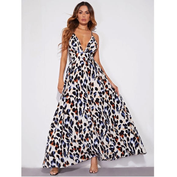 Cheetah Print Cream Multicolor Maxi Dress Backless Criss Cross Straps - Picture 5 of 6